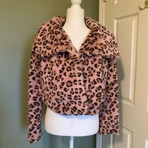 Faux Fur Pink Leopard Print Coat